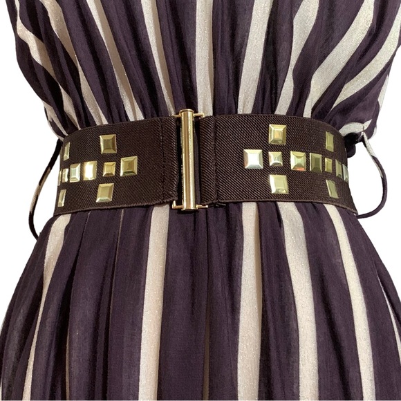 🎉HP🎉 Brown & Gold Striped Midi Dress brown & gold belt Size Small NWOT - Picture 3 of 6